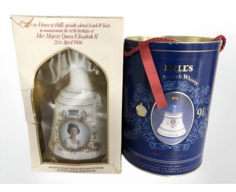 Two Bells scotch whisky decanters, the 60th birthday of Queen Elizabeth II, 1986, and the 90th birthday of Queen Elizabeth, T