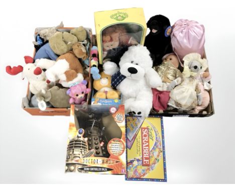 A quantity of soft toys, Cabbage Patch Kids dolls, Dr Who radio controlled Darlek, Scrabble game, etc (3 boxes) 
