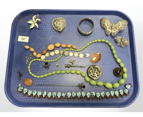 A Sterling silver Norwegian enamel brooch, together with silver bangle, amber beads, filigree brooches, Edwardian 9ct gold pe