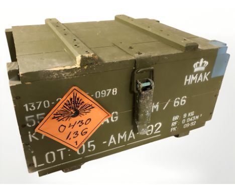A vintage Danish military painted pine ammunition crate, width 44 cm.