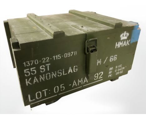 A vintage Danish military painted pine ammunition crate, width 44 cm.