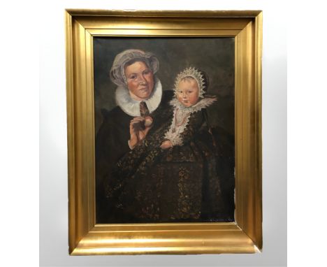 20th century school : Portrait of a lady and an infant wearing a bonnet, oil on canvas, 56 cm x 41 cm 
