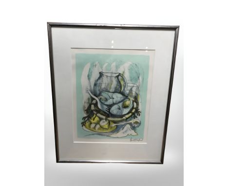After B* Karland : Still life of lemons and jug of water, colour lithograph, 38 cm x 30 cm, signed in pencil.