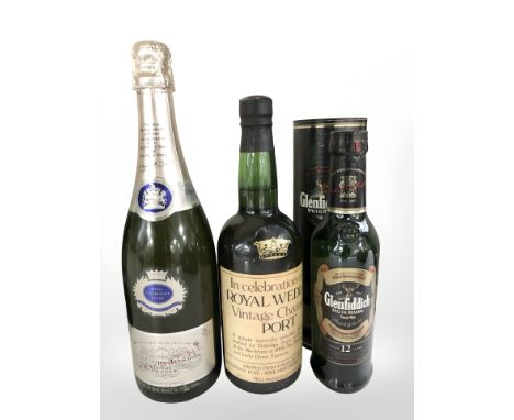 A bottle of Veuve Clicquot Ponsardin champagne, 750 ml, a bottle of vintage Character port in celebration of the royal weddin