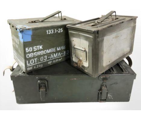 Two vintage Danish military enameled metal ammunition boxes and a further box, width 51 cm.