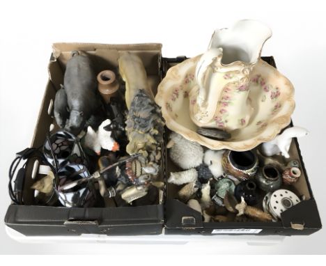 Assorted animal figurines, small pair of Tiffany style lamps, transfer printed wash jug and basin, etc. (2 boxes)