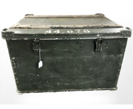 A 20th century painted metal military storage trunk, width 82 cm.