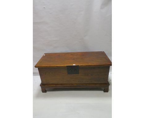 A GEORGIAN STYLE MAHOGANY COFFER CHEST, of large proportions with metal lockplate on outset plinth with bracket feet,77cms x 