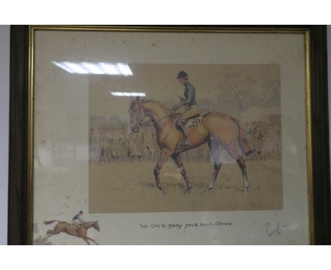 A COLOURED PRINT WITH HORSE AND RIDER, enscribed "the one to carry your half crown", signed Snaffles27cms x 35cms