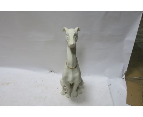 A COMPOSITION MODEL OF A SEATED LURCHER, with gold collar, 84cms high.