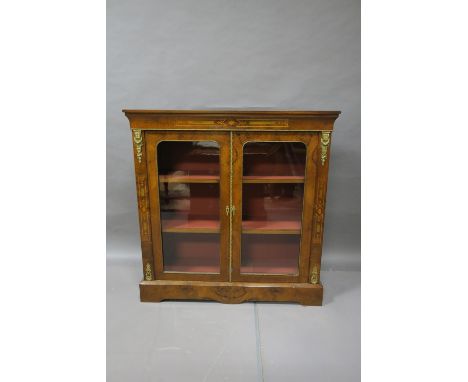 A VICTORIAN WALNUT AND MARQUETRY INLAID DISPLAY CABINET the rectangular top above a marquetry inlaid frieze with gilt brass t