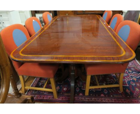 A REGENCY STYLE MAHOGANY CROSS BANDED AND SATINWOOD INLAID DINING ROOM TABLE the rectangular top with rounded corners and mou