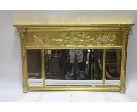 A 19th CENTURY GILT FRAMED OVERMANTLE MIRROR the rectangular breakfront frame decorated with egg-and-dart borders the frieze 