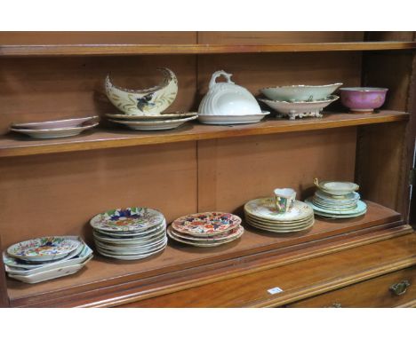 A MISCELLANEOUS COLLECTION OF PORCELAIN, including painted ironstone china side and entree plates, cheese dish and cover, ser