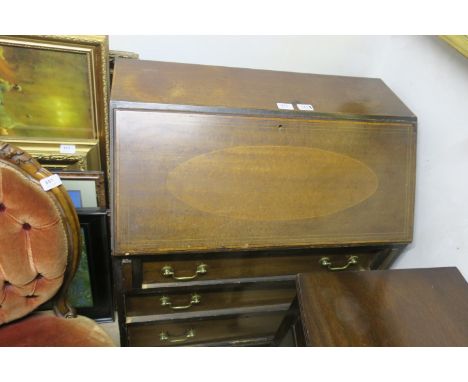 A GEORGIAN STYLE MAHOGANY AND MARQUETRY INLAID BUREAU the rectangular top above a fall front opening to reveal an arrangement