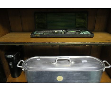 AN ALUMINIUM FISH KETTLE, together with a three piece carving set in case, binoculars and sword (4).