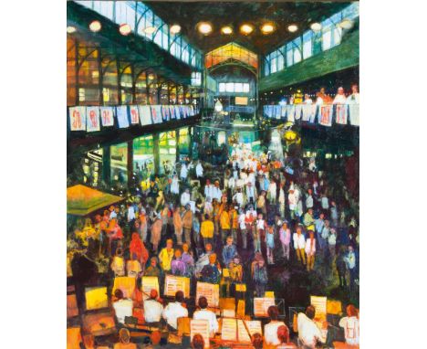   Uwe Herbst  (Köln 1952)  Frühschoppen Fischauktionshalle Hamburg  Acryl/Lw., 120 x 100 cm, r. u. monogr. UH, verso betitelt