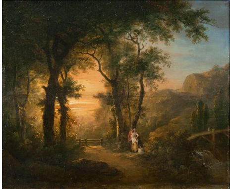   John Rathbone  (Cheshire um 1750 - London 1807)  Rendezvous am Wasserfall  Öl/Holz, 24,5 x 29,5 cm, verso teils unleserlich