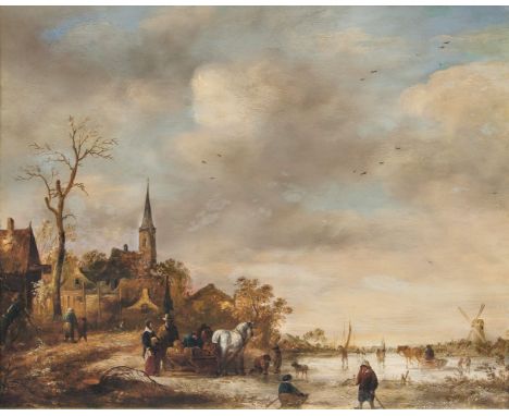   Isaac van Ostade  (Haarlem 1621 - 1649), Nachfolge  Winter am Fluß  Öl/Kupfer, 32 x 41 cm, r. u. sign. J. van Ostade, min. 