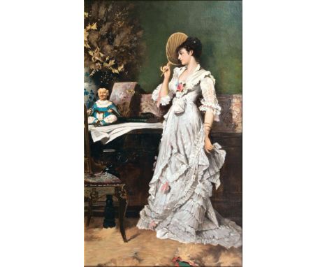   James Tissot  (Nantes 1836 - Buillon/Doubs 1902), zugeschr.  Elegante Dame mit Wackelpagode  Öl/Lw., 68,5 x 42 cm, auf dem 