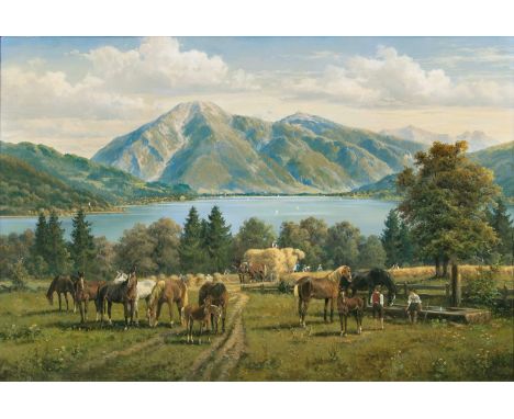   Hubert Kaplan  (München 1940)  Blick über den Tegernsee  Öl/Lw., 60,5 x 90 cm, r. u. sign. Hubert Kaplan, verso auf Fragmen
