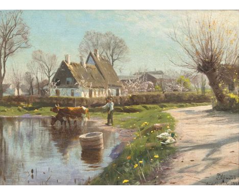   Peder Mönsted  (Grenaa 1859 - Fredensborg 1941)  Frühling am Dorfweiher  Öl/Lw., 23 x 31 cm, r. u. sign. und dat. P. Mönste