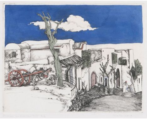   Otto Rodewald  (Schöningen 1891 - Hamburg 1960)  Straße in Sidi Bou Said  Farbradierung, 19,5 x 24,5 cm, r. u. mit Bleistif