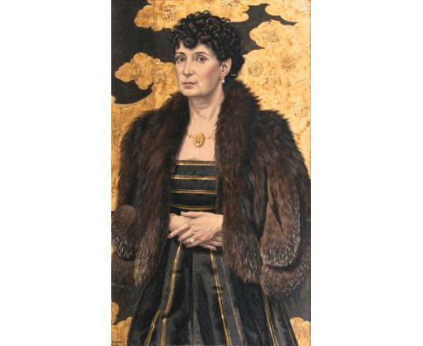   Werner Peiner  (Düsseldorf 1897 - Leichlingen 1984)  Portrait einer Dame  Tempera/Papier/Holz, 99,5 x 60 cm, l. u. sign. Pe