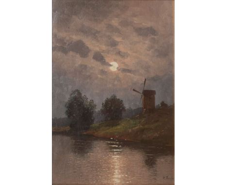   Eugen Taube  (St. Petersburg 1860 - Helsinki 1913)  Mühle im Mondlicht  Öl/Karton, 41,5 x 28 cm, r. u. sign. E. Taube. - Ba