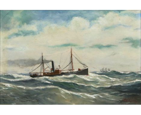   Johannes Holst  (Hamburg-Altenwerder 1880 - Hamburg-Altenwerder 1965)  Hamburger Fischdampfer Schilling-Hörn  Öl/Lw.40 x 60