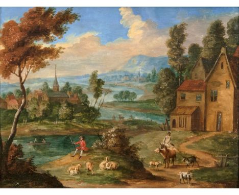   Pieter van Bredael  (Antwerpen 1629 - Antwerpen 1719), zugeschr.  Weite Landschaft mit Hirten am Fluss  Öl/Holz, 24 x 31,5 