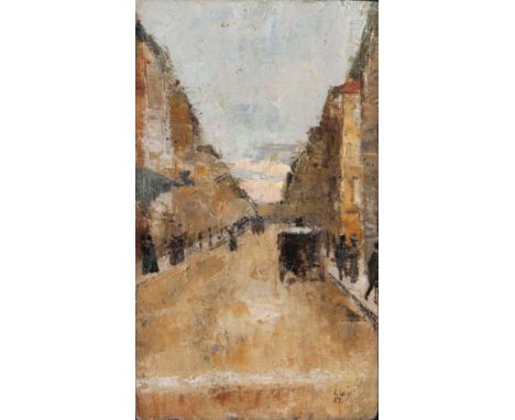   Lesser Ury  (Birnbaum 1861 - Berlin 1931)  Straßenszene  Öl/Karton, 15,5 x 9 cm, r. u. sign. und dat. L. Ury 81. - Ury hiel