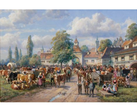   Hubert Kaplan  (München 1940)  Markttag  Öl/Lw./Holz, 20 x 30 cm, r. u. sign. Hubert Kaplan, verso auf Fragment eines Gelds