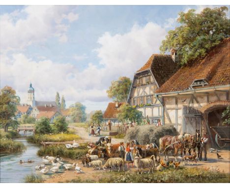   Hubert Kaplan  (München 1940)  Bauernhof am Bach  Öl/Lw./Holz, 24 x 30 cm, r. u. sign. Hubert Kaplan, verso auf Fragment ei