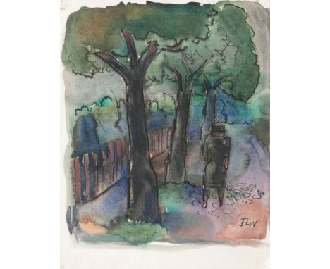   Elfriede Lohse-Wächtler  (Dresden 1899 - Pirna-Sonnenstein 1940)  Unter Bäumen  Aquarell über Tuschfeder, 32,5 x 25 cm, r. 