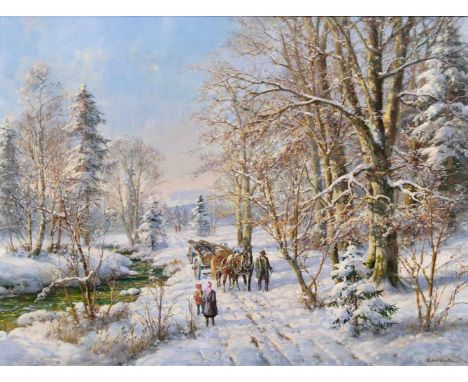   Hubert Kaplan  (München 1940)  Sonniger Wintertag  Öl/Lw., 60 x 80 cm, r. u. sign. Hubert Kaplan, verso erneut sign. und be