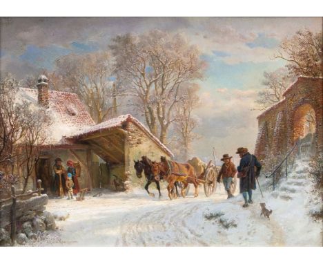   Hermann Kauffmann  (Hamburg 1808 - Hamburg 1889)  Winter im Dorf  Öl/Lw., 38 x 52 cm, l. u. sign. Herm. Kauffmann. - Landsc