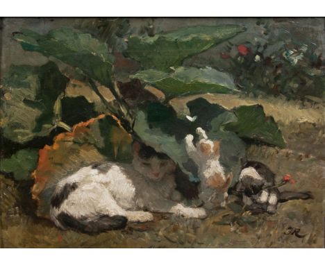   Henriette Ronner  (Amsterdam 1821 - Amsterdam 1909)  Katze mit Kätzchen  Öl/Papier/Holz, 32 x 46 cm, r. u. monogr. HR, vers