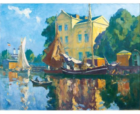   Ulrich Hübner  (Berlin 1872 - Neubabelsberg 1932)  Villa am Ufer  Öl/Lw., 75,5 x 100 cm, l. u. sign. Ulrich Hübner, min. be