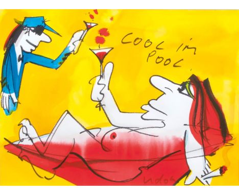   Udo Lindenberg  (Gronau/Westfalen 1946)  Cool im Pool  Unikat. Acryl und Filzstift/Papier, 36 x 48 cm, r. u. sign. Udo Lind