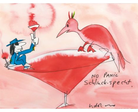   Udo Lindenberg  (Gronau/Westfalen 1946)  No Panic Schluckspecht  Unikat. Acryl und Filzstift/Papier, 36 x 48 cm, r. u. sign