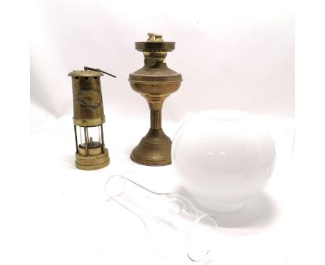 Thomas &amp; Williams Ltd brass miners lamp t/w vintage brass oil lamp with opaque glass shade - 54cm high 