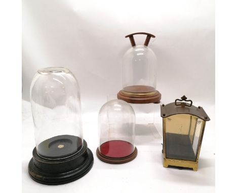 3 x vintage glass domes on turned wooden bases - tallest 32cm etc