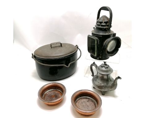 Antique enamelled cooking pot, antique lantern, has been electrified, pair of coasters and teapot. all slight A/F