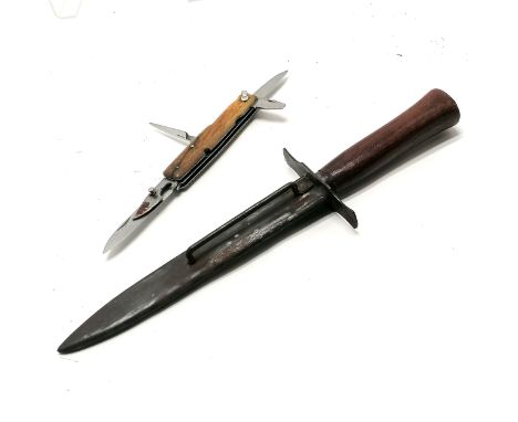 WWI trench fighting knife / dagger by L Pradel (27cm) in original scabbard ~ slight nick to blade t/w Bargeon pocket knife (a