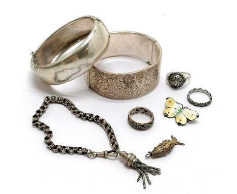 2 x silver bangles (1 unmarked &amp; both have dents), 9ct gold &amp; silver marcasite stone set ring (size M), unmarked silv