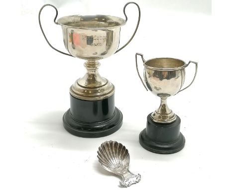 2 x silver trophy cups - tallest 11cm t/w antique continental silver caddy spoon with old repair to handle ~ total 109g 