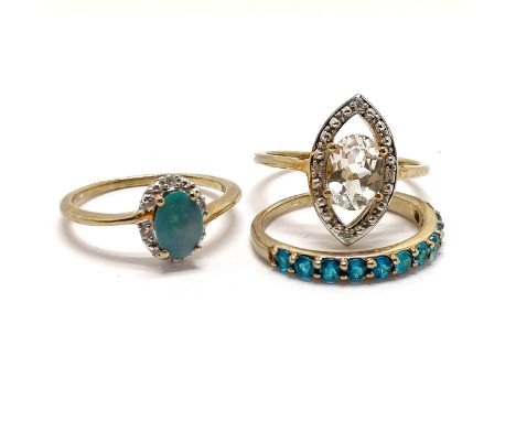 3 x 9ct hallmarked rings inc opal doublet &amp; diamond (size N½), blue stone (size O) &amp; white stone with 4 small diamond