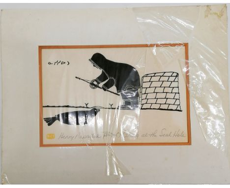 Mounted woodblock print of Eskimo at the seal hole by Henry Napartuk (1932-85) - mount 28cm x 35.5cm 