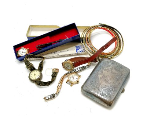 Silver cigarette case (8cm x 6cm &amp; total weight 60g with slight dents) t/w small qty of vintage ladies wristwatches inc O